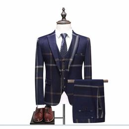 3 PieceJacket Vest Pant Nevy Blue Men Suit Tailor Wedding Male Slim Fit Plaid Business Tuxedo340J