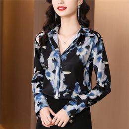 2023 Silk Satin Tie-Dye Vintage Shirt Office Ladies Classic Lapel Casual Button Up Blouses Autumn Winter Long Sleeve Women Designer Shirts Fine Elegant Runway Tops