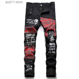 Men's Jeans Men's Scotland Red Plaid Tartan Patchwork Jeans Punk Rivet Patch Black Denim Pants Skull Letters Printed Slim Straight Trousers T231005