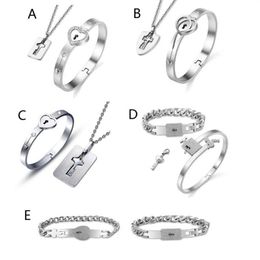 Titanium Steel Love Puzzle Couple Heart Lock Key Bracelet Necklace Lover Jewelry Set Fashion Earrings &3406