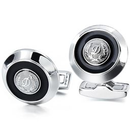 Cuff Links 20 mm HAWSON D Initial Alphabet Letter Cufflinks Fashion Round Men's Cuff Links Button with Black Enamel button up shirt Jewellery 231005