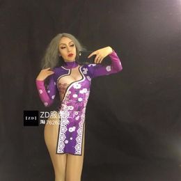 Casual Dresses 2021 Women 3D Printing White Plum Cheongsam Dress Female Singer DJ Sexy Costume Party Celebration Birthday Dance306j