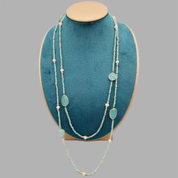 Pendant Necklaces Faceted Cut Irregular Aqua Quartz Long Necklace With 5-6mm White Freshwater Pearls 2mm Crystals And Hammered Gold Beads 50 Inch 231005