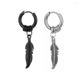 Hoop Earrings Unique Feather Leaves Pendant For Women Men Punk Style Stainless Steel Make Old Dangle Drop Jewellery Gifts