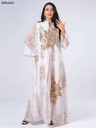 Basic Casual Dresses Siskakia Sequins Embroidered Abaya Dress For Women Moroccan Kaftan Turkey Arabic Jalabiya White Islamic Ethnic Robe Eid 231005