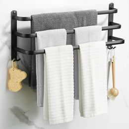 Towel Racks Towel Rack Bathroom Matte Black Collect Holder Wall Mounted Shelf Aluminium Multilayer Layer Wiht Hook Toilet Room Rod 30-60CM 230927