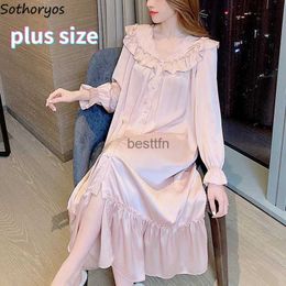 Women's Sleep Lounge Women V-neck Nightgown Temperament Long Sleeve Ruffle Lace Single Breasted Sleepshirts Ladies Home Baggy S-4XL Comfort SleepwearL231005