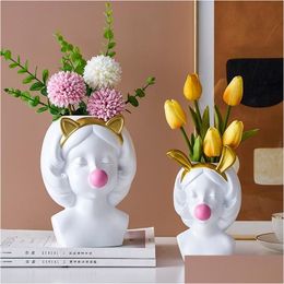 Vases Nordic Style White Resin Vase Cute Girl Blowing Bubbles Decorative Head Carving Modern Home Decoration Pen Holder Home Garden Ho Dhtam