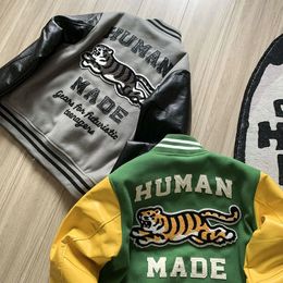 Men's Jackets SS Thick Oversized HUMAN MADE Jackets Men Women Contrast Leather Sleeve Tiger Embroidery Baseball Uniform Jacket 230928