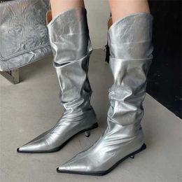 Patent Leather Pointed Pleated Thin Heel Zipper Boots Womens Fashion Trend French Chelsea Knee High Boot Party Club 230922