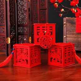 Many Styles Wood Chinese Double Happiness Wedding Favour Boxes Candy Box Red Classical Sugar Case With Tassel 6.5X6.5X6.5CM SN4470