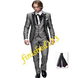 Selling Light grey One button Peak Lapel Groom Tuxedos Groomsmen Men Wedding Blazer Suits Prom Clothing Jacket Pants Vest Tie235p