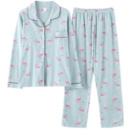Print Flamingo Spring 2019 Loose Pajamas Women Girls Homewear Set Long Sleeve Elastic Waist Pants Cotton Lounge pyjamas S86907213u