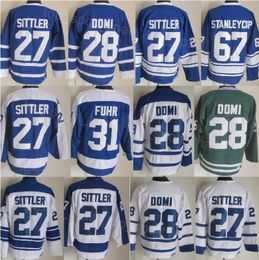 Maglia da hockey retrò da uomo 27 Darryl Sittler Maglia vintage classica 28 Cravatta Domi 31 Grant Fuhr 67 Stanleycup Blu Bianco Verde Colore squadra 75 ° anniversario Ricamo e cucito