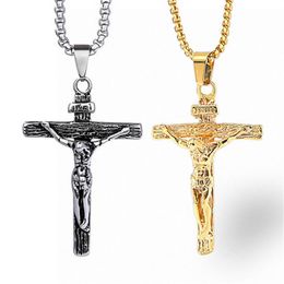 Unisex Men's Stainless Steel Pendant Necklace Christian Cross Crucifix Jesus Patron Saint with Rolo Chain244r