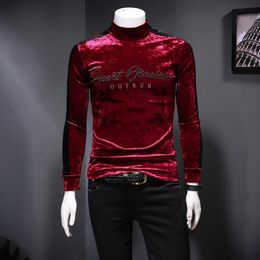 Men's T-Shirts Luxury Turtleneck Embroidery Velvet Men T Shirt Club Outfit Vintage Slim Fit Long Sleeve HommeMen's215j