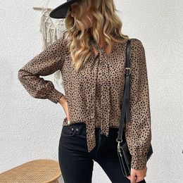 Women's Blouses 2023 Autumn And Winter European American Fashion Commuter Blouse Long-sleeved Leopard Print Lace-up Design Shirt Women