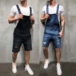 Men's Ripped Jeans Jumpsuits Shorts Summer Hi Street Distressed Denim Bib Overalls For Man Suspender Pants2115