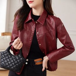 Women's Leather Faux Shirt Short Coat Spring and Autumn Korean Version Loose Slim Mesh Red Jacket 230928