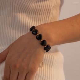 Charm Bracelets ALLME Cute 18K Gold PVD Plated Titanium Steel Black Color Agate Natural Stone Heart For Women Accessories