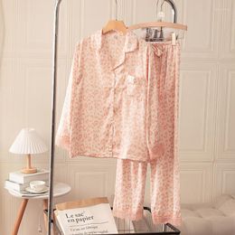 Women's Sleepwear Sexy Pink Print Leopard Pyjamas For Women Spring Summer Long Sleeve Trouser Lounge Wear Loose Silk Satin Home Clothes