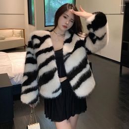 Women's Fur Winiter Zebra Stripe Faux Coat Long Sleeves Cardigan Design Korean Fashion Women