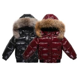 다운 코트 겨울 다운 재킷 소녀 진짜 모피 방수 반짝이는 따뜻한 소년 겨울 외부웨어웨어 코트 1-8 년 어린이 파카 복장 231005
