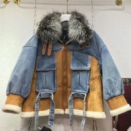 Womens Fur Faux winter fur collar double faced faux coat thick patchwork pocket rivet chain chic denim jacket female streetwear 230928