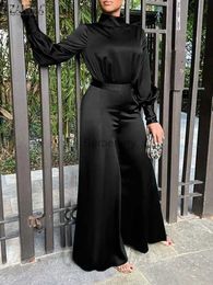 Women's Jumpsuits Rompers ZANZEA Fashion Satin Silk Jumpsuits Women Turtleneck High Waisted Playsuit 2023 Long Sleeve Long Romper Wide Leg Pant OverallsL231005