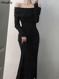 Basic Casual Dresses Long Sleeve Midi Dress Slash Neck Sheath Temperament Vestidos Design Black Solid Tender Chic Classic Korean Style Fashion Basic 230927