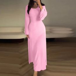 Basic Casual Dresses Solid Basic Women Round Neck Party Dress Female Casual Pullover Long Robe Classic Elegant Flare Sleeve Business Commuting Dress 230927