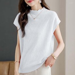 Women's Blouses White Shirt Summer Women Short Sleeve Tops Casual Jacquard Lace Elegant Loose Ice Silk Blouse Ruffled Collar Clothes 27005