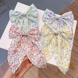 Fashion Floral Bowknot Hair Clips Long Ribbon Flower Bow Hairgrips for Women Girls Ponytail Clip Hairpins Hair Accessories