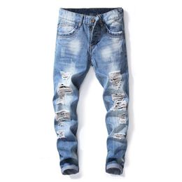 Men's Jeans Men Streetwear Hip Hop Ripped Blue Beggar Skinny Fashion Knee Holes Cotton Slim Fit Casual Joggers Denim Pants257G