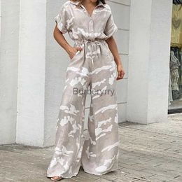 Women's Jumpsuits Rompers Summer Women Camouflage Print Playsuit Fashion Ladies Wide Leg Romper Overalls Casual Waisted Drawstring Lace-up Shirt JumpsuitsL231005