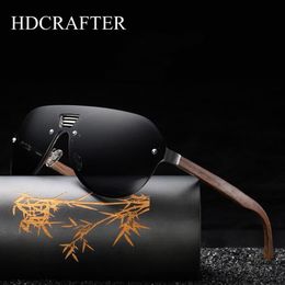 Sunglasses HDCRAFTER 2021 Mens Rimless Polarised Walnut Wood Mirror Lens Sun Glassess Women Brand Design Oversized Glasses263r