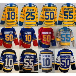 Men Reverse Retro Hockey 50 Binnington Jerseys 55 Colton Parayko 10 Brayden Schenn 18 Robert Thomas 25 Kyrou Centennial Classic Vintage Red White Blue Stitching