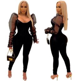 Women's Jumpsuits & Rompers Sheer Mesh Puff Sleeve Black Bodycon Jumpsuit Women Elegant Skinny Clubwear Party Sexy Womens Chr246Z