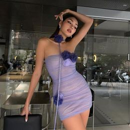Casual Dresses Sexy Strapless Mesh Ruched Bodycon Mini Dress Women Flowers Trim Kawaii Sundress 2023 Summer Night Prom Y2K Clothes