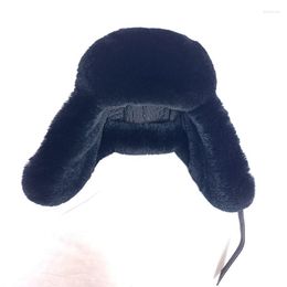 Berets Winter Real Sheep Leather Bombers Hat Warm Thick Luxury High Quality Genuine Rex Fur Hats With Earflap 2023 Cap