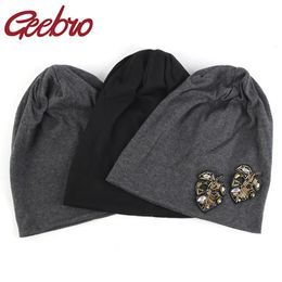 Beanie Skull Caps Geebro Women Leaves s Cotton Soft Beanies Hat Mens Unisex Casual Slouchy Heart ladies Girls Loose Black hats 231005