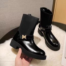 Designer Buckle Boots New Low Heeled High Boots Elastic Black Leather Boots Without Straps And Zippers Women's Luxury Booties
