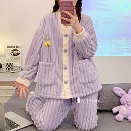 Women's Sleepwear Pajamas Set Winter Warm Night Outfit Flannel Pajama Thick Nightwear Long Sleeve Plus Size L-4XL Pijama Sets