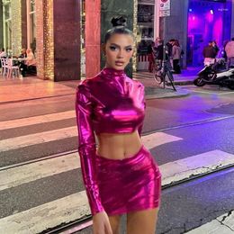 Women's Tracksuits Sexy Metallic Glitter Two Peice Sets Women Long Sleeve Crop Top And Pink Shiny Skirt Streetwear Girls Party Suit Outfits