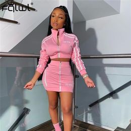 FQLWL Streetwear Two Piece Set Women Suits Summer Club Neon Pink Outfits 2 Piece Skirt Set Tracksuit Female Ladies Matching Sets T2811