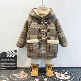 Coat Winter Jacket for Boys Girls Children's Thicken Woollen Kids Hooded Velvet Warm Middle Length Plaid Retro Outerwear 231008