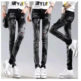 black long jeans woman casual pencil pants girl washed rhinestones drilling printing skinny 6115255J