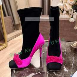 Boots Crystal Patchwork Satin Mid Calf Women Gems Chain Square Toe Catwalk High Heels Famale Stylish Real Leather Shoes