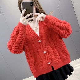 Women's Knits Red Spring Flowers Casual V-neck Button Simple Knitted Women Sweater Cardigan Coat Autumn Top Girl Cloth Clothing Loose