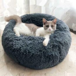 kennels pens Cat Beds Round Comfy Calming Dog Bed For Cats Soothing Anti Anxiet House Fleece Marshmallow Cushion 230928